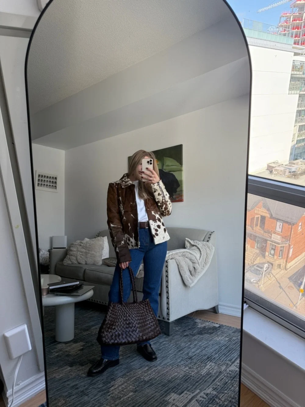 Custom Real Cowhide Paneled Brown and White Zip Leather Jacket - Picture 3 of 4